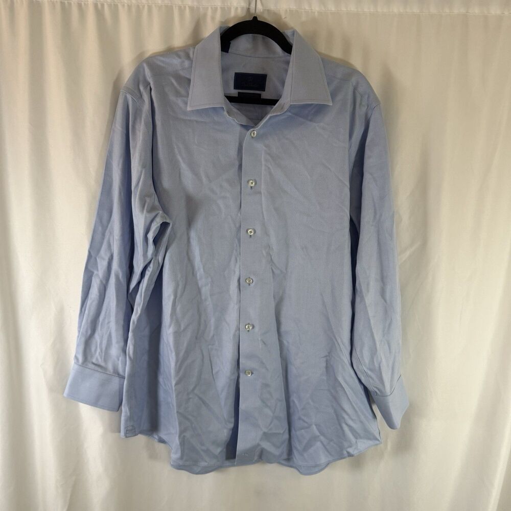 David Donahue Dress Shirt Men's 17.5 Blue White Striped Luxury Non Iron Trim Fit
